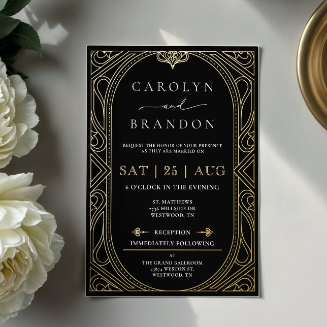 Black and Gold Foil Elegant Art Deco Wedding (Art Deco real gold foil elegant wedding invitation)