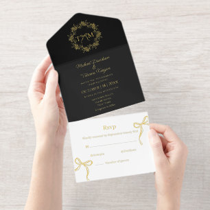 Black and Gold Foil Elegant Bow Botanical Monogram All In One Invitation
