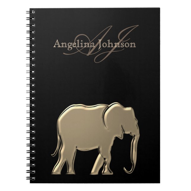 Black and Gold Foil Elephant Modern Monogrammed Spiral Notebook (Front)