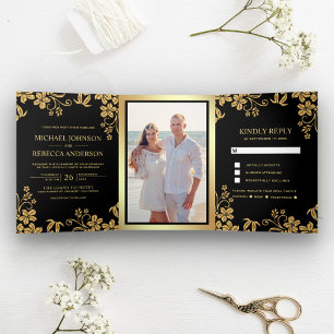 Black and Gold Foil Floral Leaves Wedding Tri-Fold Invitation