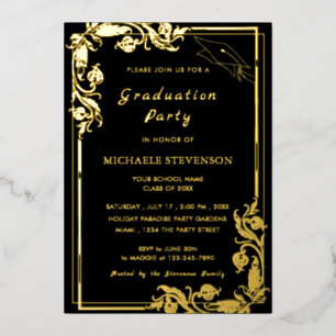 Black and Gold Foil Graduation Invitation template