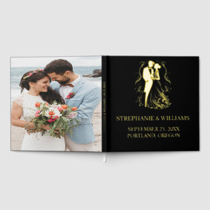Black and Gold Foil Leaves Photo Wedding Guest Book