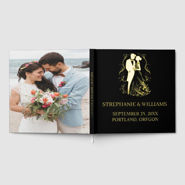 Black and Gold Foil Leaves Photo Wedding Guest Book (Full)