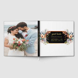 Black and Gold Foil Leaves Photo Wedding Guest Book