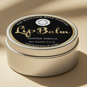 Black and gold foil lip balm label with logo.