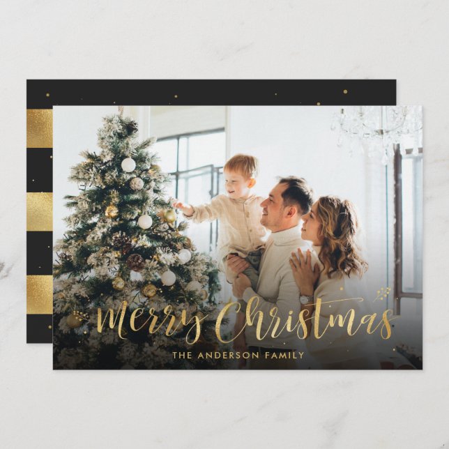 Black and Gold Foil Merry Christmas Photo Cards (Front/Back)