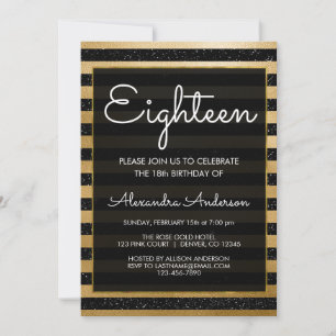 Black and Gold Foil Stripe Eighteenth Birthday Invitation