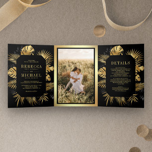 Black and Gold Foil Tropical Palm Photo Wedding Tri-Fold Invitation