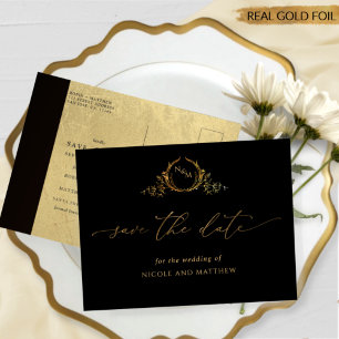Black and Gold Foil Wedding Save The Date Postcard