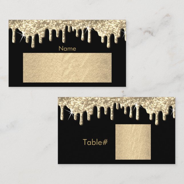 Black and Gold Foil with a Gold Drip Design Place Card (Front/Back)