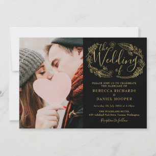 Black And Gold Foliage Script Wedding Photo Invitation