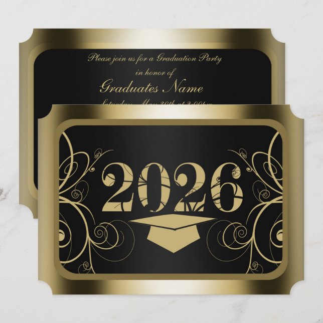 Black and Gold Frame Graduation Party Invitation (Front/Back)