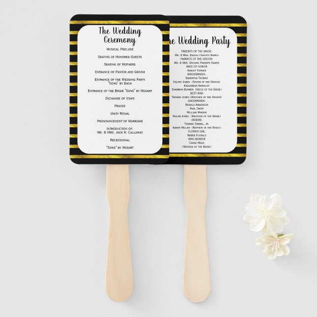 Black and Gold Frame Wedding Program Fan (Front and Back)