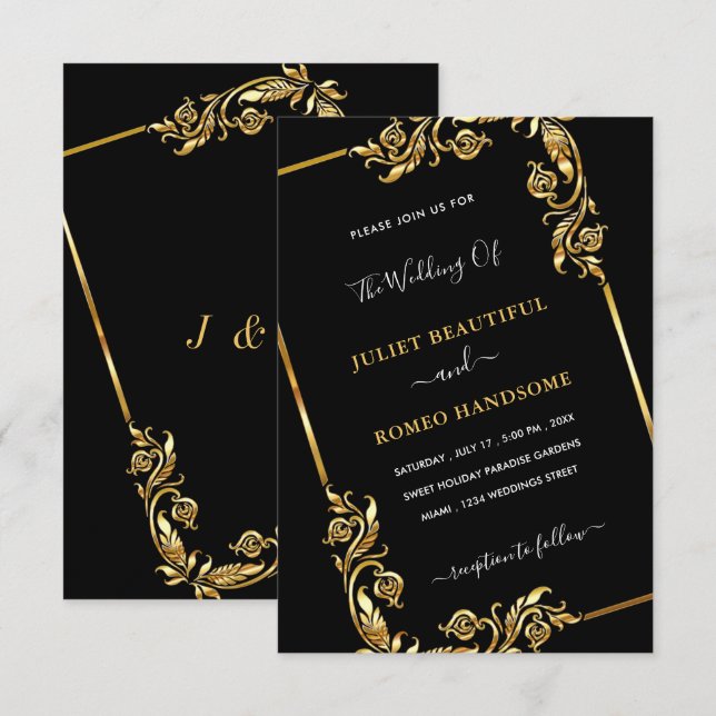 Black and Gold Framed Wedding Invitation (Front/Back)