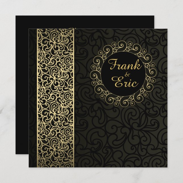 Black and Gold Gay/Lesbian Wedding Invitation (Front/Back)