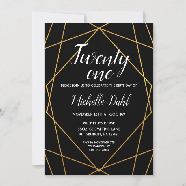 Black and Gold Geometric 21st Birthday Invitation (Front)