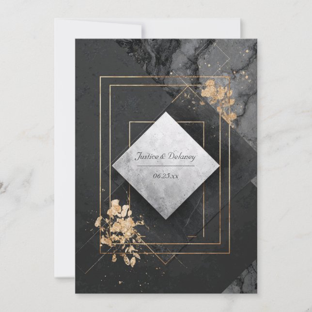 Black and Gold Geometric Marble Wedding Invitation (Front)