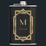Black and Gold Geometric | Monogram & Name  Hip Flask<br><div class="desc">Elegant and chic black and gold art deco geometric frame with monogram. This is a template ready for you to personalise with your initial. Inspired by the 1920's Gatsby  Art Deco style. Great for speakeasy party or just regular poker night.</div>