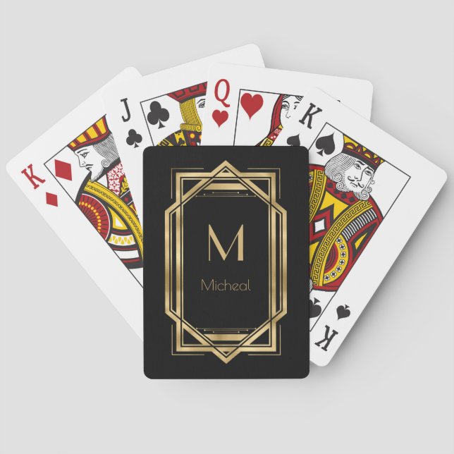 Black and Gold Geometric | Monogram & Name Playing Cards (Back)