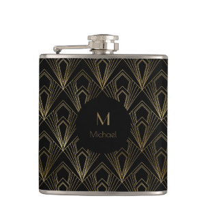 Black and Gold Geometric  Pattern   Monogram Hip Flask