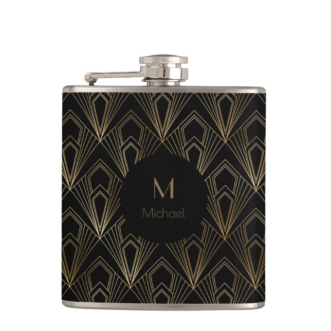 Black and Gold Geometric  Pattern | Monogram Hip Flask (Front)