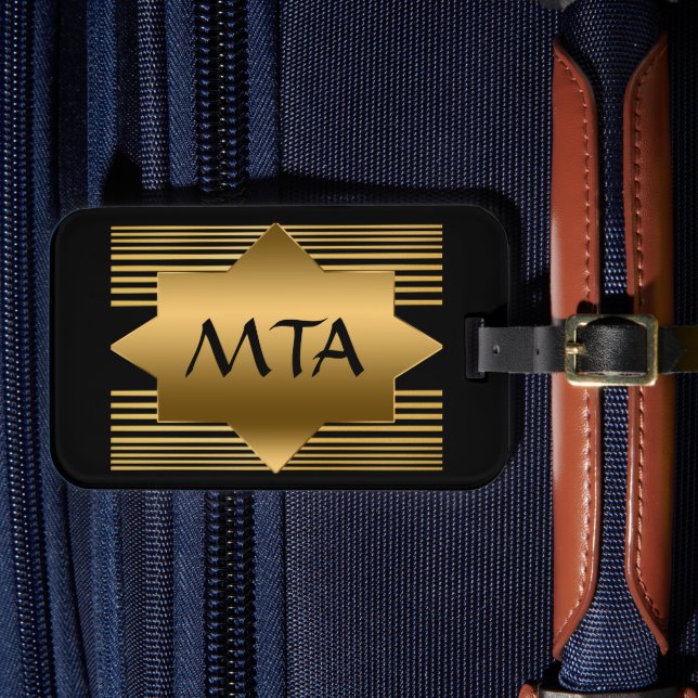 Black and Gold Geometric Personalised Monogram Luggage Tag (Front Insitu 4)