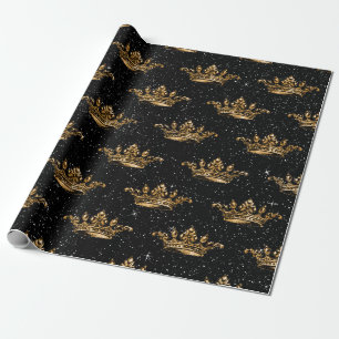 Black and Gold Glam Crown Pattern Wrapping Paper