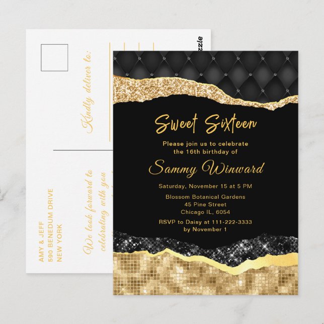 Black and Gold Glam Tears Sweet Sixteen Postcard (Front/Back)