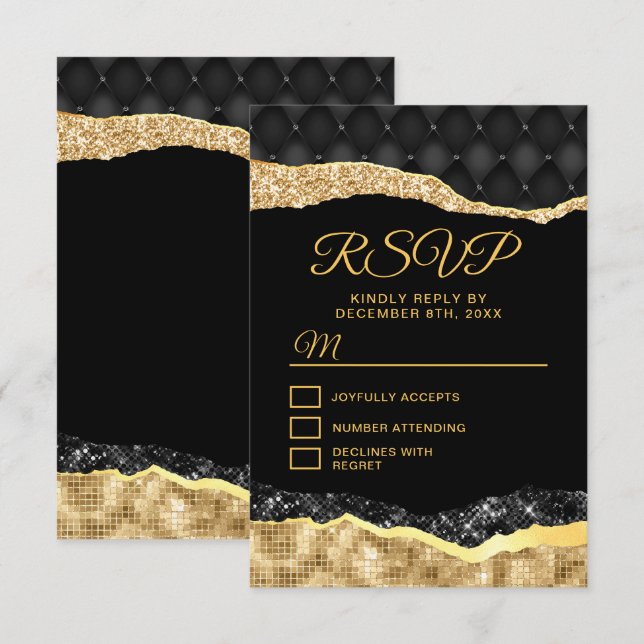 Black and Gold Glam Tears Sweet Sixteen RSVP Card (Front/Back)