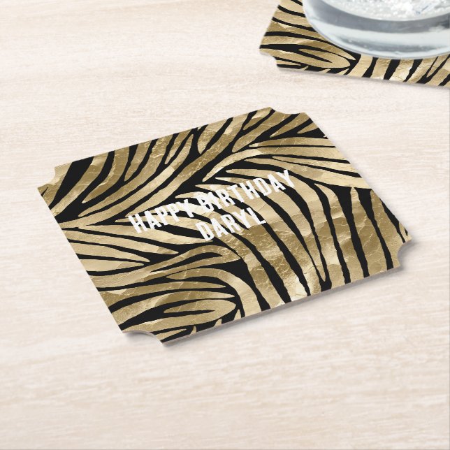 Black and Gold Glam Zebra Birthday Paper Coaster (Angled)