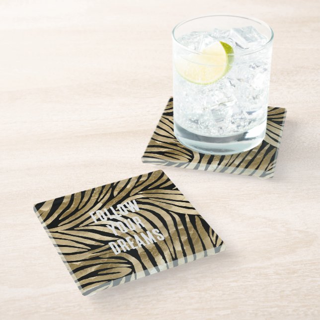 Black and Gold Glam Zebra  Glass Coaster (Angled)