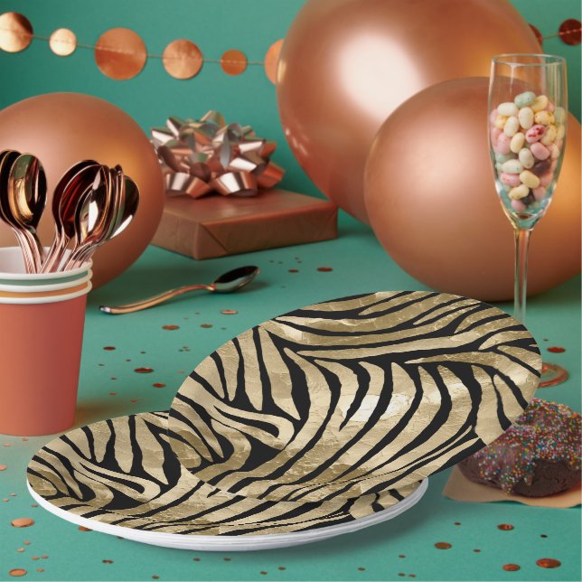 Black and Gold Glam Zebra  Paper Plate (Multi)