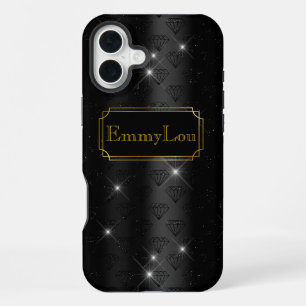 Black and Gold glamourous art deco diamonds iPhone 16 Plus Case