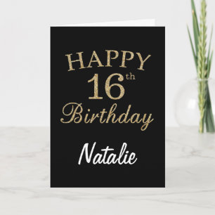 Black and Gold Glitter 16th Birthday Card