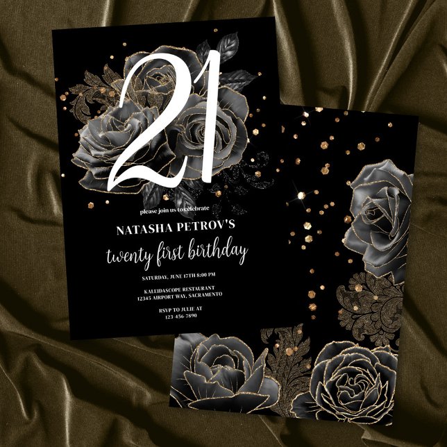 Black and Gold Glitter 21st Birthday Party Invitation (Creator Uploaded)