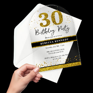 Black And Gold Glitter 30th Birthday Party Acrylic Invitations