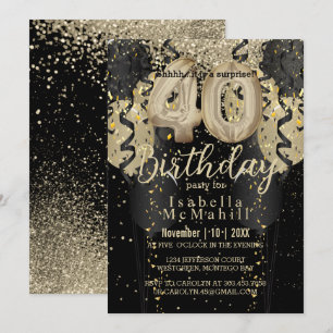 Black and Gold Glitter 40th Birthday Invitation