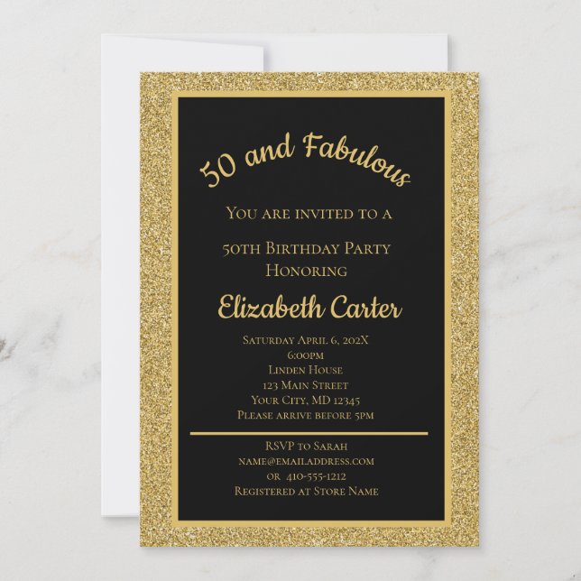 Black and Gold Glitter 50 and Fabulous Birthday  (Front)