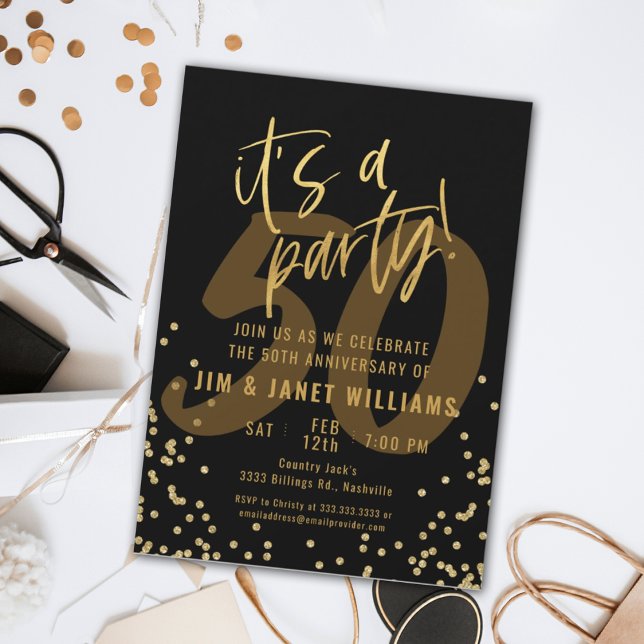 Black and Gold Glitter 50th Anniversary Party Invitation (Creator Uploaded)
