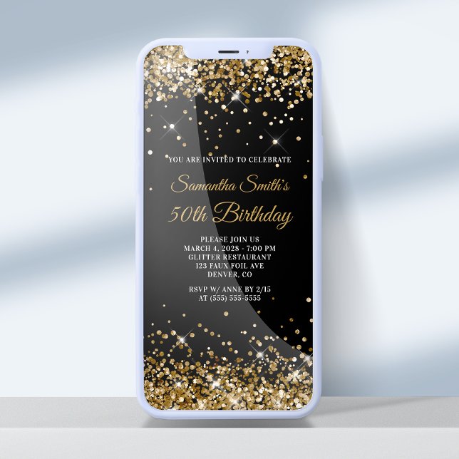 Black and Gold Glitter 50th Birthday Invitation (Creator Uploaded)