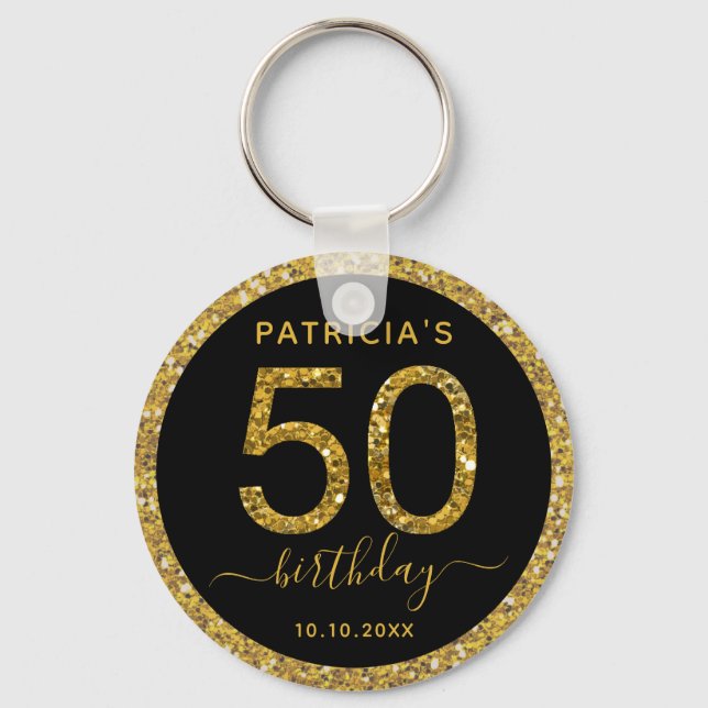 Black And Gold Glitter 50th Birthday Party Favour Key Ring (Front)