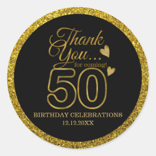 Black And Gold Glitter 50th Birthday Thank You Classic Round Sticker