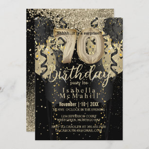 Black and Gold Glitter 70th Birthday Invitation
