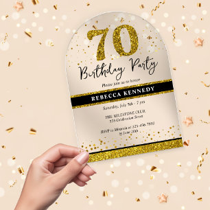 Black And Gold Glitter 70th Birthday Party Acrylic Invitations