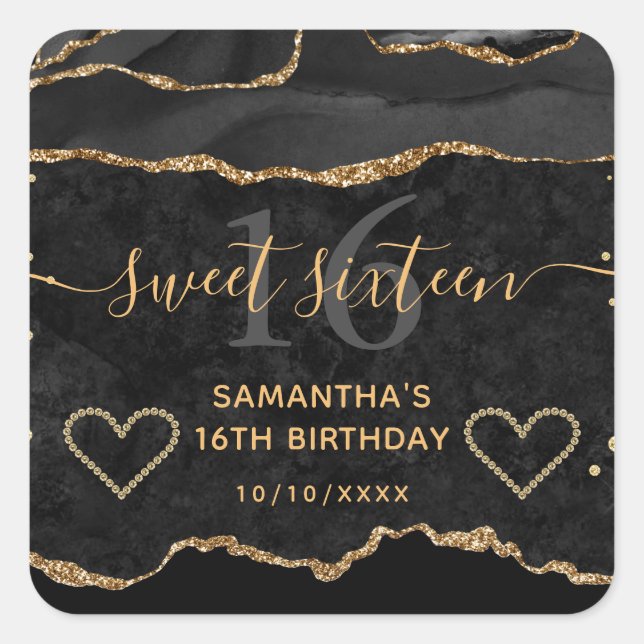 Black and Gold Glitter Agate Marble Sweet 16 Square Sticker (Front)
