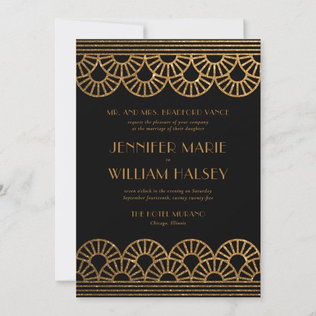 Black and Gold Glitter Art Deco Fan Wedding Invitation (Front)