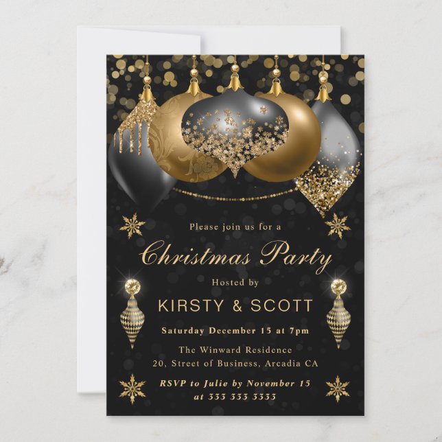 Black and Gold Glitter Baubles Christmas Party Invitation (Front)