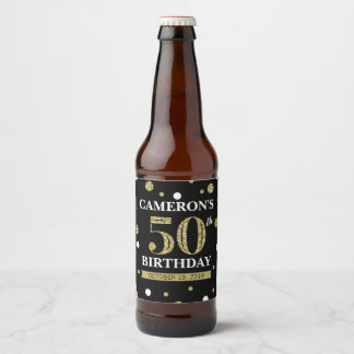 Black and Gold Glitter Confetti Birthday Beer Bottle Label