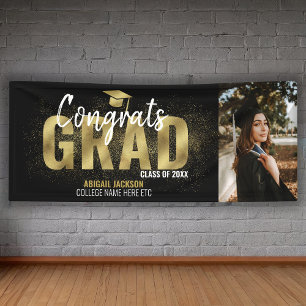 Black And Gold Glitter Congrats Grad Photo Banner