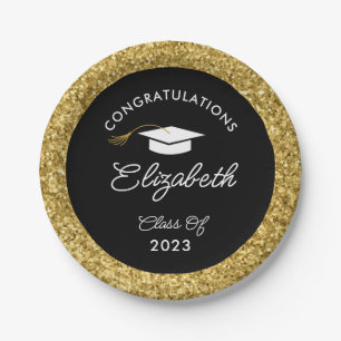 Black and Gold Glitter Custom Graduation Party Pap Paper Plate